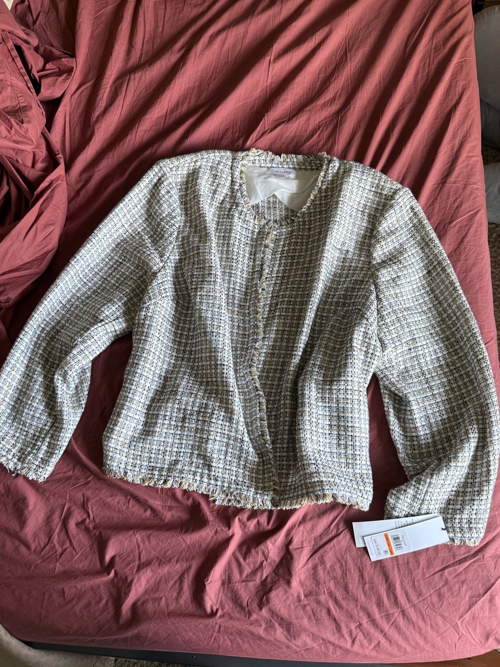 Calvin Klein Cream and Black Tweed Collarless Jacket NWT